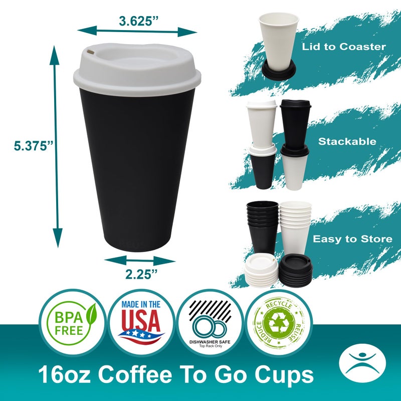 Rolling Sands USA Made 16 oz Reusable Coffee Cups with Lids 2 Pk  To Go Travel Cups  Hot or Cold Drinks  Dishwasher and Microwave Safe  Black Cups  White Lids - Image 2