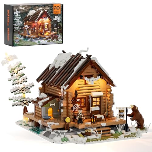 FUNWHOLE HuntingCabin Lighting BuildingBricks Set Retro Wooden Cabin LED Light Construction Building Model Set 2036 Pcs for Adults and Teen - Image 1