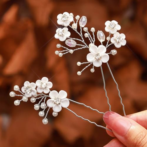 Fstrend Wedding Bridal Hair Pins Bride Flower Pieces Rhinestone Pearls Accessories Clip for Women and Girls - Image 2