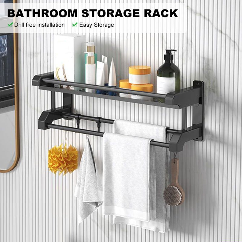 Towel Bar: 40cm Single Layer Black Thick Stainless Steel, Sturdy Waterproof Rustproof, 5 Hooks + 12cm Widened Hollow Storage Rack - Dual Installation, Versatile for Bathroom Kitchen Balcony - Image 3