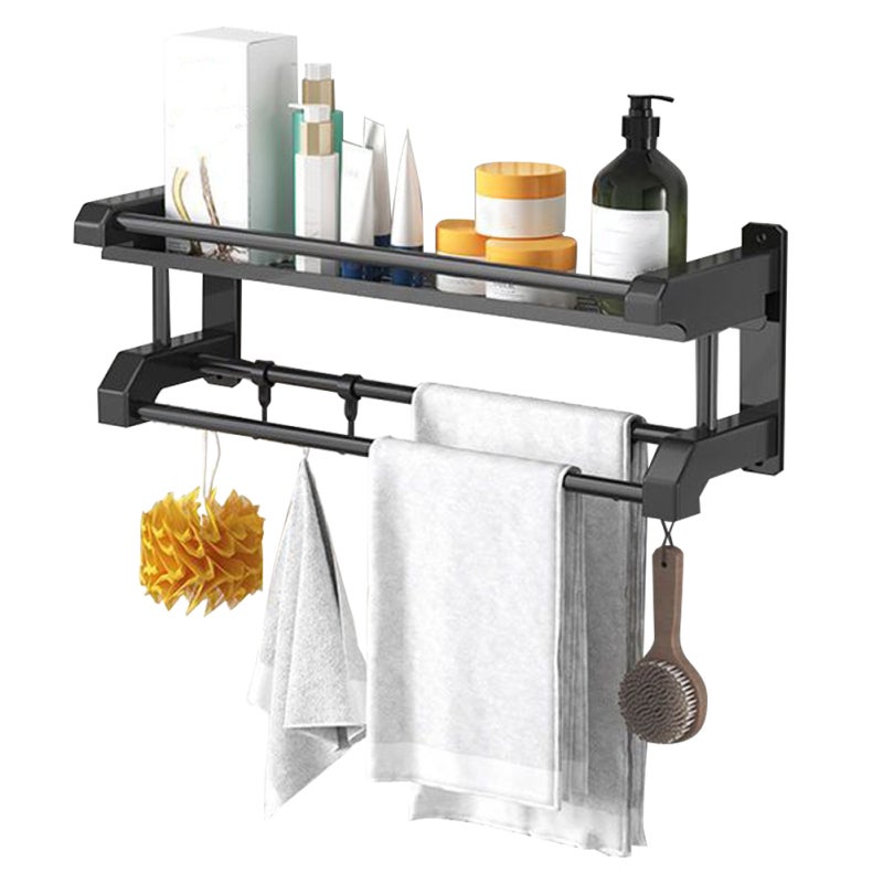 Towel Bar: 40cm Single Layer Black Thick Stainless Steel, Sturdy Waterproof Rustproof, 5 Hooks + 12cm Widened Hollow Storage Rack - Dual Installation, Versatile for Bathroom Kitchen Balcony - Image 1