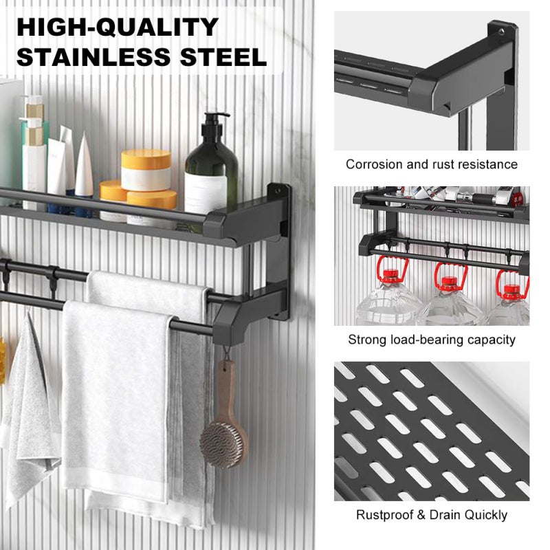 Towel Bar: 40cm Single Layer Black Thick Stainless Steel, Sturdy Waterproof Rustproof, 5 Hooks + 12cm Widened Hollow Storage Rack - Dual Installation, Versatile for Bathroom Kitchen Balcony - Image 4