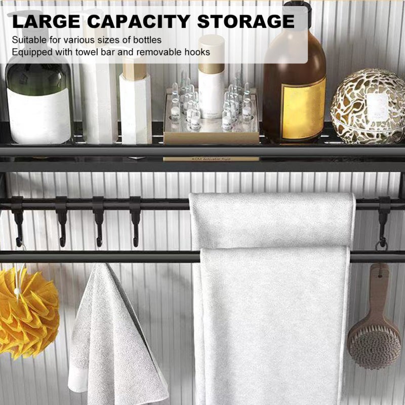 Towel Bar: 40cm Single Layer Black Thick Stainless Steel, Sturdy Waterproof Rustproof, 5 Hooks + 12cm Widened Hollow Storage Rack - Dual Installation, Versatile for Bathroom Kitchen Balcony - Image 5