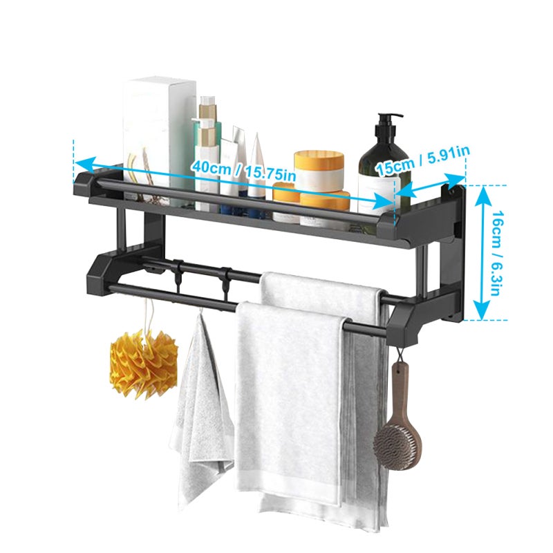 Towel Bar: 40cm Single Layer Black Thick Stainless Steel, Sturdy Waterproof Rustproof, 5 Hooks + 12cm Widened Hollow Storage Rack - Dual Installation, Versatile for Bathroom Kitchen Balcony - Image 2