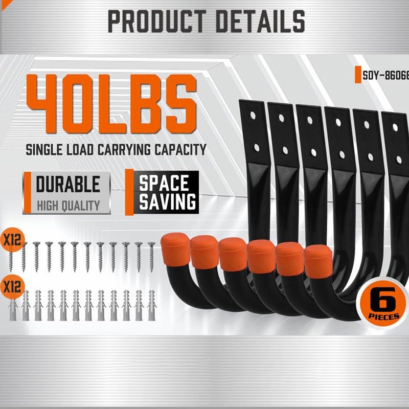 Serplex Heavy Duty Garage Hooks For Hanging6Pcs Metal Utility Hooks Garage Wall Storage HooksLadder HooksWall Mount J Utility Hooks With Wall Anchors ScrewsMetal Hooks For GarageGarden Black - Image 2