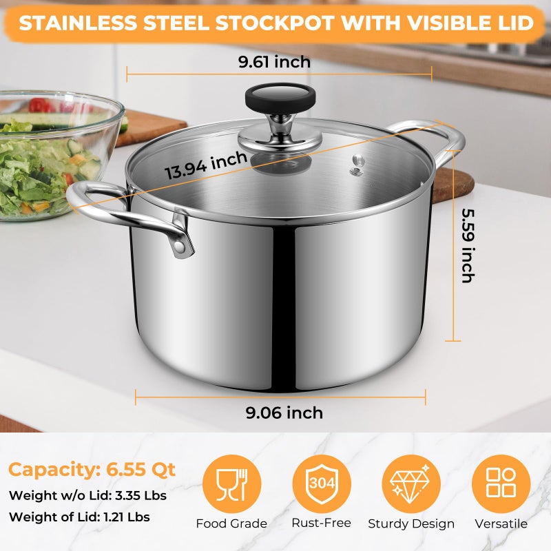 EWFEN Tri-Ply Stainless Steel Stock Pot, 6.5 Quart Heavy Duty Induction Cooking Pot with Visible Lid for Pasta, Soup, Spaghetti, Sturdy & Double Handle, Dishwasher Safe - Image 2