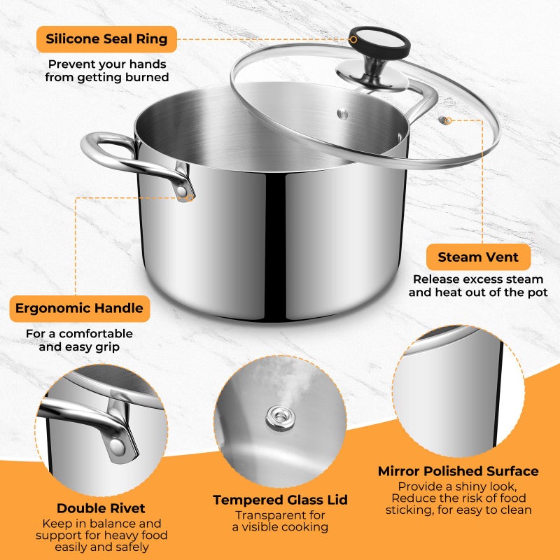 EWFEN Tri-Ply Stainless Steel Stock Pot, 6.5 Quart Heavy Duty Induction Cooking Pot with Visible Lid for Pasta, Soup, Spaghetti, Sturdy & Double Handle, Dishwasher Safe - Image 4