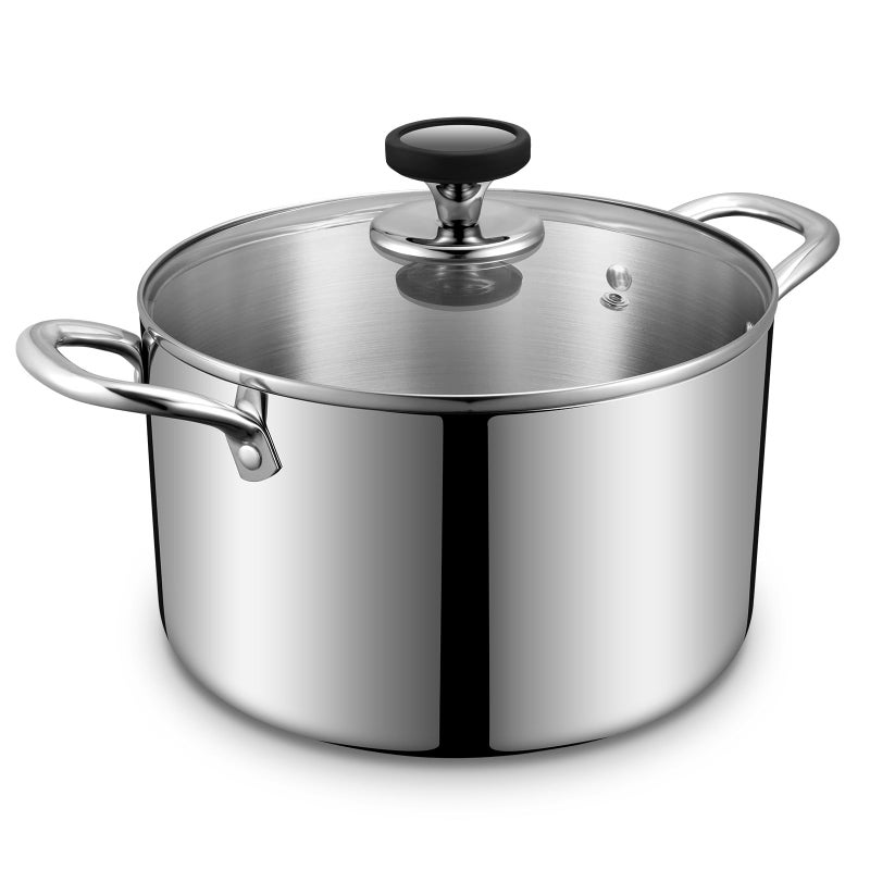 EWFEN Tri-Ply Stainless Steel Stock Pot, 6.5 Quart Heavy Duty Induction Cooking Pot with Visible Lid for Pasta, Soup, Spaghetti, Sturdy & Double Handle, Dishwasher Safe - Image 1