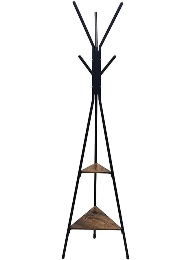 Generic Freestanding Coat Rack with 6 Hooks and 2-Tier Storage Shelves – Vintage Black Hall Tree Stand for Jackets, Scarves, Umbrellas  - Image 1