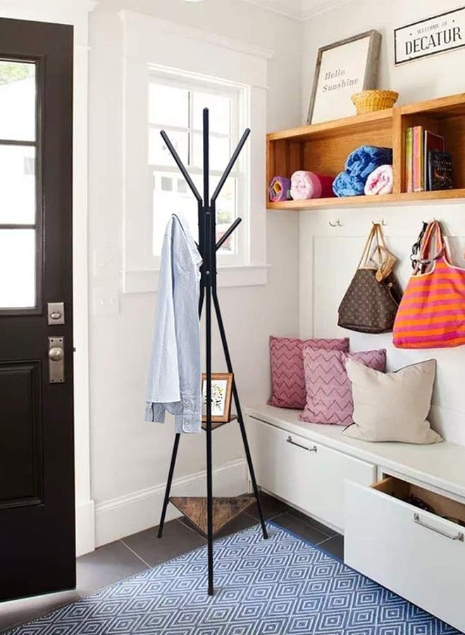 Generic Freestanding Coat Rack with 6 Hooks and 2-Tier Storage Shelves – Vintage Black Hall Tree Stand for Jackets, Scarves, Umbrellas  - Image 5