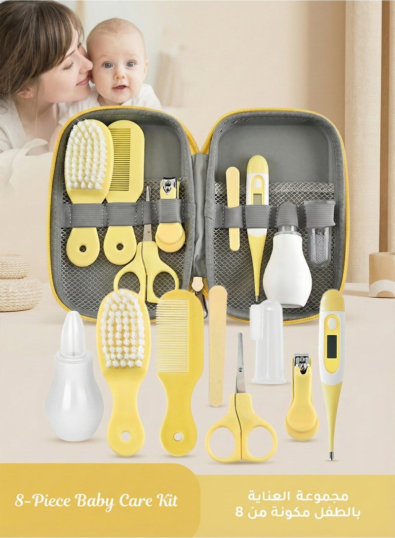 YOONISPRO 8-Piece Baby Care Kit with Thermometer, Nasal Aspirator Toothbrush Emery Board, Nail Clipper, Scissor, Brush and Comb Portable Essential Daily Care Bathing Tool for Toddler Infant Yellow - Image 1