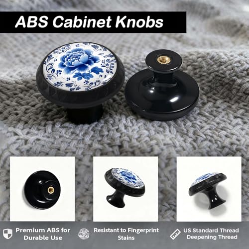 Artinhand 4 Pack Blue and White Porcelain Peony Flower Leaves Cabinet Knobs Round Drawer Pulls Black Dresser Knob Cupboard Door Handles Hardware for Kitchen Bathroom Cabinets - Image 4