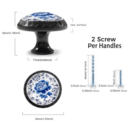 Artinhand 4 Pack Blue and White Porcelain Peony Flower Leaves Cabinet Knobs Round Drawer Pulls Black Dresser Knob Cupboard Door Handles Hardware for Kitchen Bathroom Cabinets - Image 3