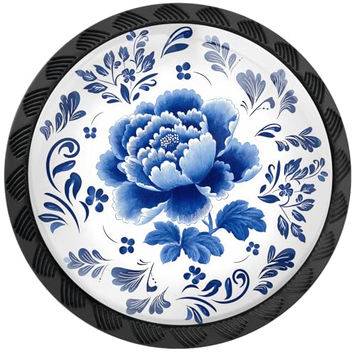 Artinhand 4 Pack Blue and White Porcelain Peony Flower Leaves Cabinet Knobs Round Drawer Pulls Black Dresser Knob Cupboard Door Handles Hardware for Kitchen Bathroom Cabinets - Image 1