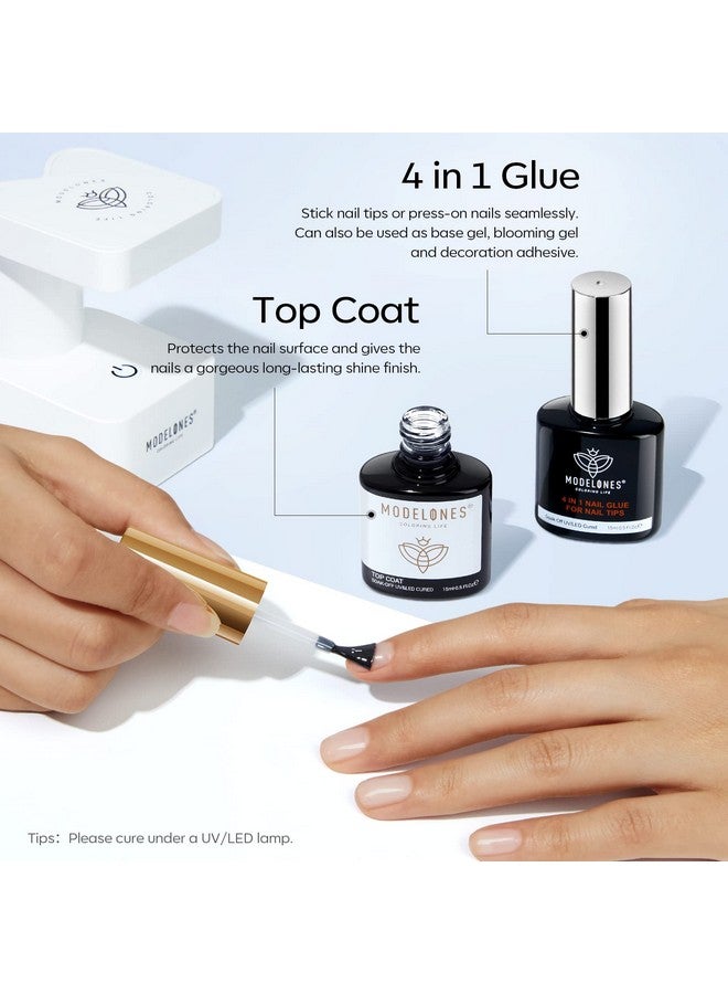 modelones modelones Gel Nail Glue and Top Coat 15ml 4 in 1 Nail Glue Base Coat Nail Glue Kit 2Pcs for Gel Nail Polish No Wipe Top Coat High Gloss, Rhinestone Glue False Nails, Blooming Nail Art Gel - Image 3