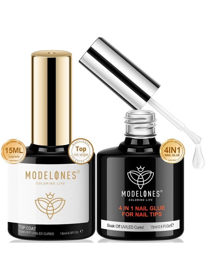modelones modelones Gel Nail Glue and Top Coat 15ml 4 in 1 Nail Glue Base Coat Nail Glue Kit 2Pcs for Gel Nail Polish No Wipe Top Coat High Gloss, Rhinestone Glue False Nails, Blooming Nail Art Gel - Image 1