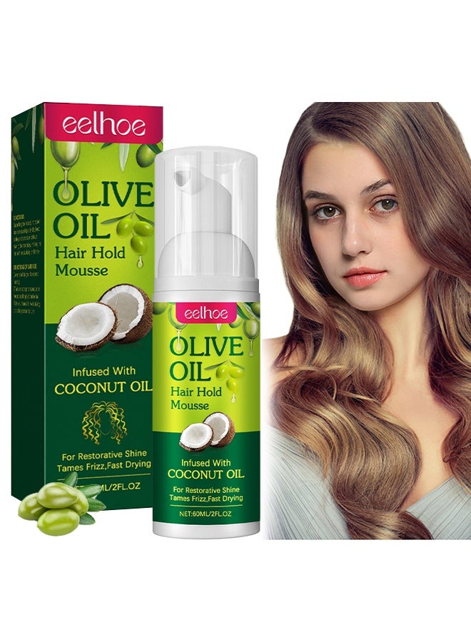 EELHOE Olive Oil Hair Hold Mousse, Hair Hold ousse with Coconut Oil Non Sticky Moisturizing Nourishing Curl Hair Foam Mousse for Hair Volumizing and Against Frizz for All Kinds Hair 60ML - Image 1