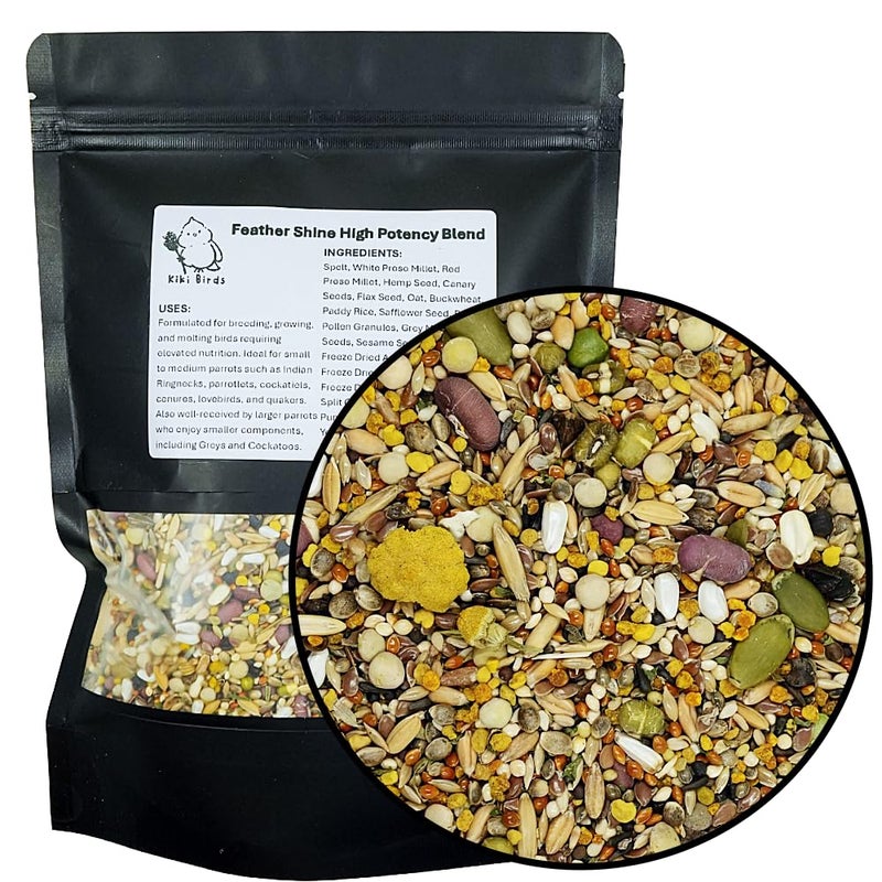 KikiBirds Feather Shine High Potency Blend with Bee Pollen & Freeze-Dried Sprouts - Premium Parrot Food for Molting, Breeding & Growth - Omega Rich | 17.5% Plant Protein | USA-Made - Image 1