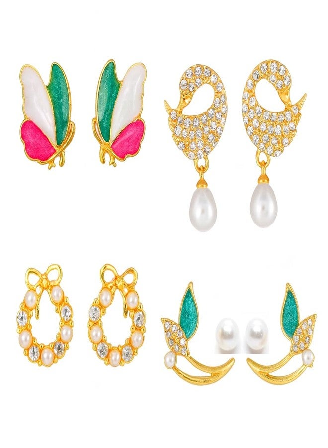 KWORLD Korean Earrings Set For Women Golden Earring Combo of 4 Korean Earrings for Girls Stylish Fancy Pearl | Butterfly | Floral | Bow | Meenakari | Diamond Earrings | Latest Luxury Jewellery | Drops & Danglers - Image 1