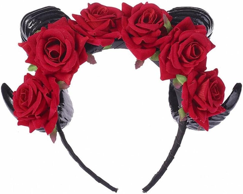 Lurrose أطواق رأس لوروز هالوين بقرون خروف مزينة بزهور الورد، إكسسوار رأس قوطية مرعبة، أطواق شعر، إكسسوار رأس شيطاني لملابس الهالوين،