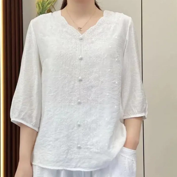 Elegant Embroidered Cotton Linen V-Neck Tee sky blue