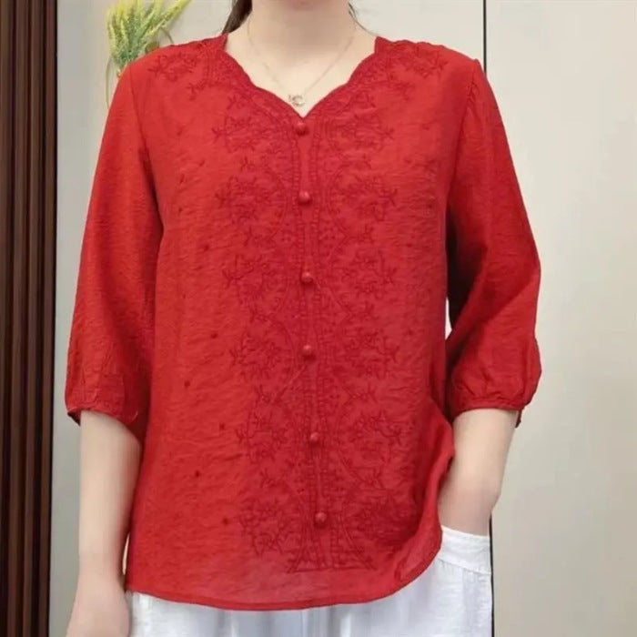 Elegant Embroidered Cotton Linen V-Neck Tee sky blue