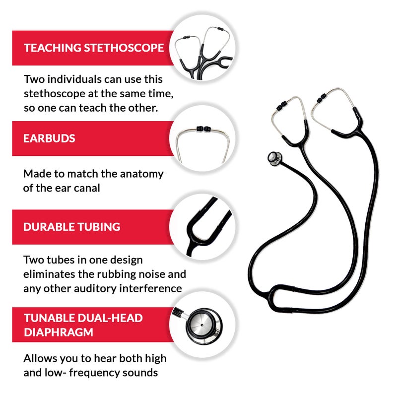 Ever Ready First Aid Deluxe Dual-Head Teaching Stethoscope for Medical Training, Nursing Students and Teachers â€“ Black - Image 2