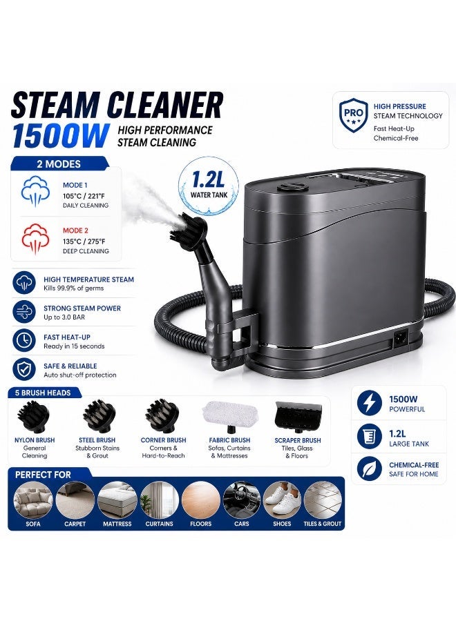 HUMJO Steam Cleaner 1500W, 2 Modes High Temperature Steamer,with 1.2L Water Tank & 5 Brush Heads for Sofa, Carpet, Mattress, Curtains, Floors, Cars, Shoes, Tiles & Grout Cleaning - Image 1