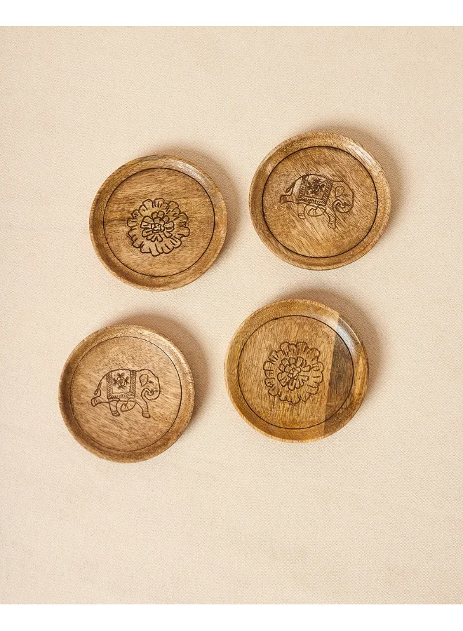 Chumbak Rani Bagh Wooden Coasters - Set of 4, 4"dia | Palace Memoirs