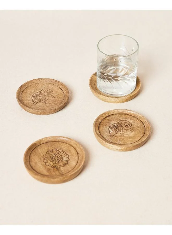 Chumbak Rani Bagh Wooden Coasters - Set of 4, 4"dia | Palace Memoirs