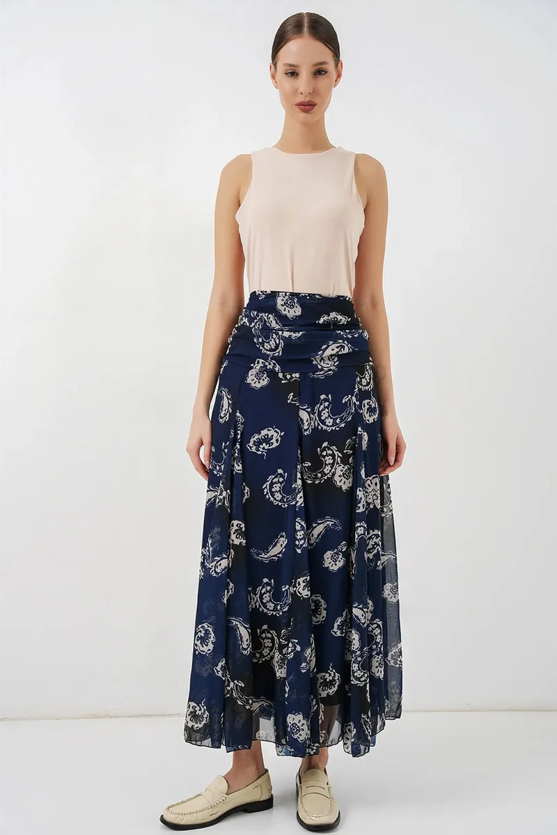 Big Dart Navy Blue BDART High Waist Paisley Maxi Skirt for Women | Best Price UAE