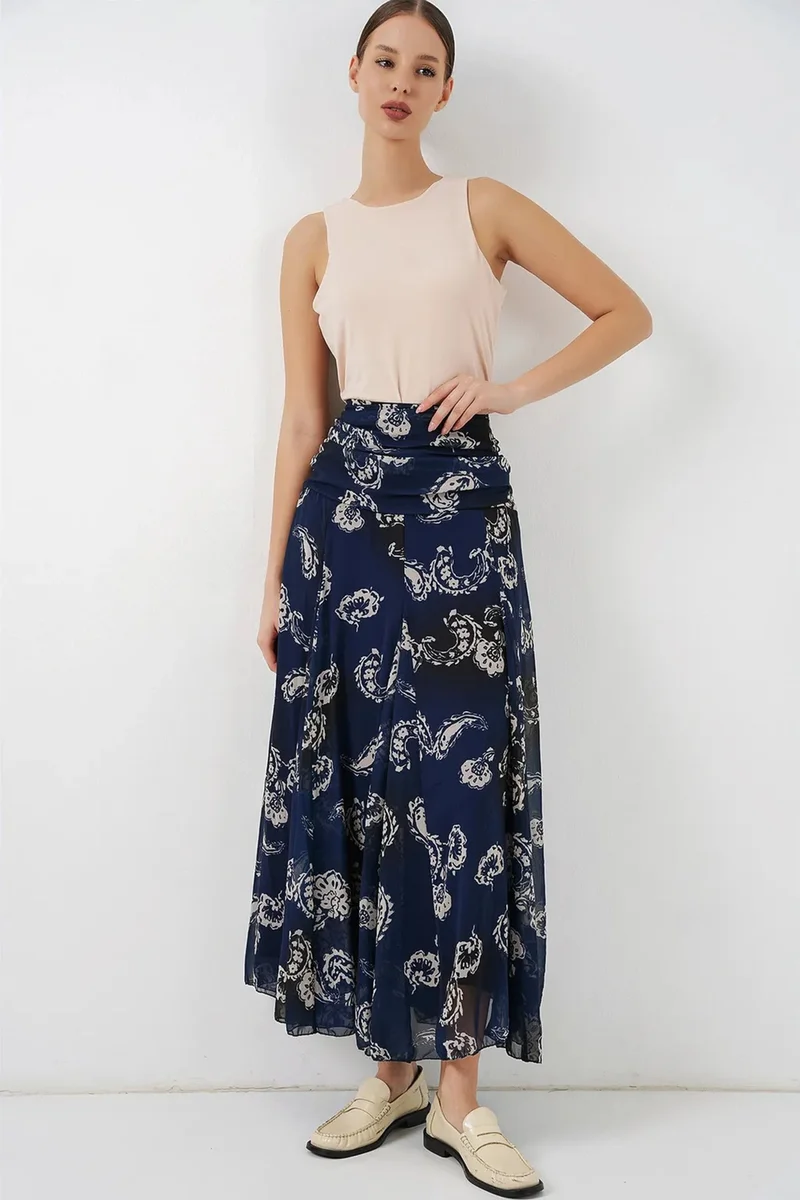 Big Dart Navy Blue BDART High Waist Paisley Maxi Skirt for Women | Best Price UAE