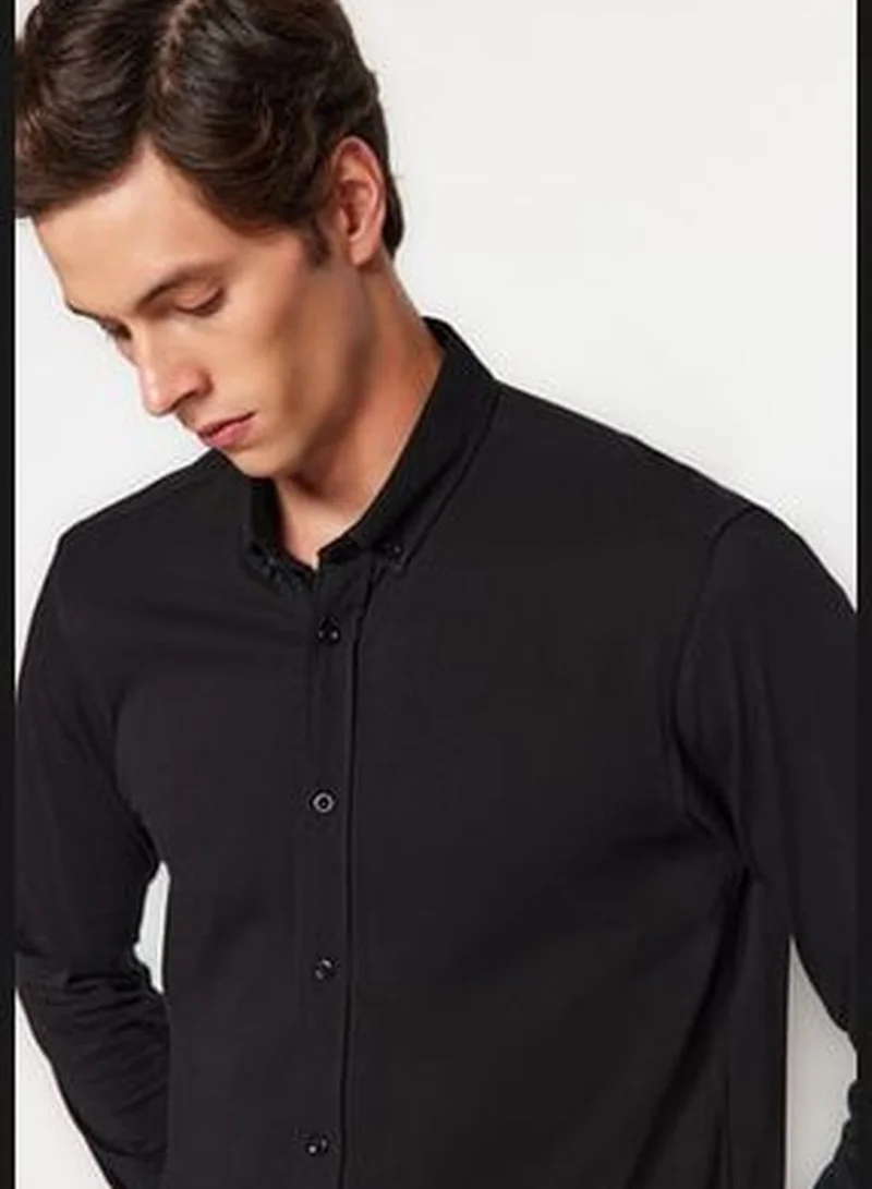 trendyol Black Men's Slim Fit Comfortable Comfortable Flexible Buttoned Collar Basic Shirt.