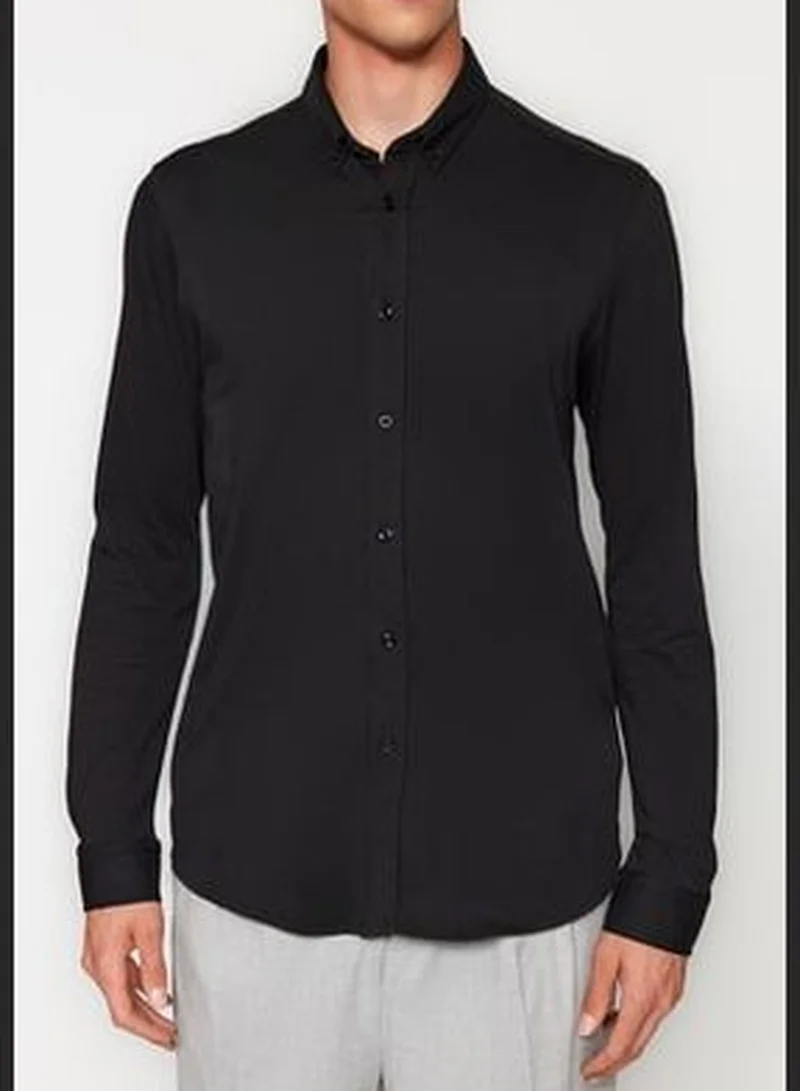 trendyol Black Men's Slim Fit Comfortable Comfortable Flexible Buttoned Collar Basic Shirt.