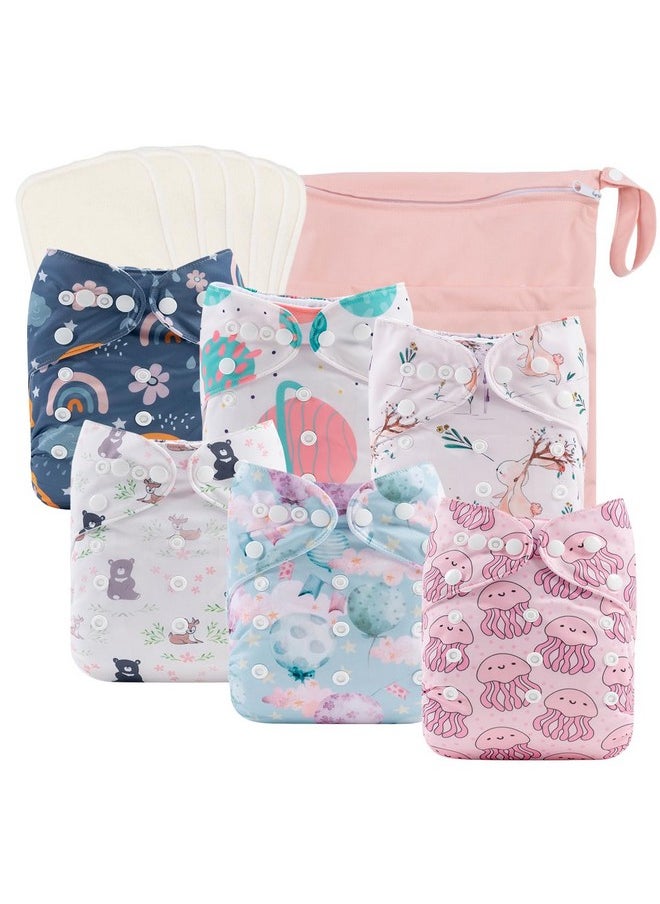babygoal - Reusable Cloth Diapers 6 Pack+6Pcs Rayon From Bamboo Inserts+Wet Bag, One Size Adjustable Washable Pocket Nappy Covers For Baby Girls And Boys 6Fg38 - Image 1