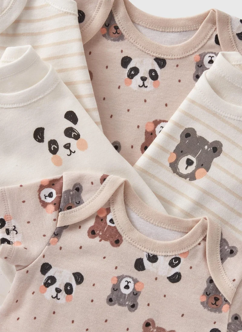Matalan 5 Pack Baby Beige Panda Stripe Bodysuits