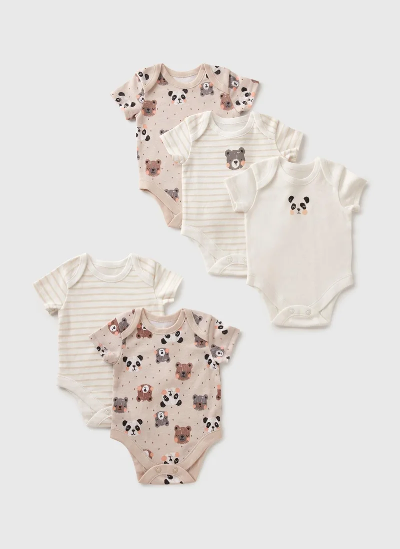 Matalan 5 Pack Baby Beige Panda Stripe Bodysuits
