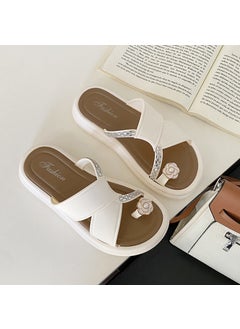 New Cross-Border Fashion Womens Sandals Summer Outerwear Elegant Versatile Fashion One-Row Thick Bottom Beach Slippers PVC Mate White [6063-flower diamond]