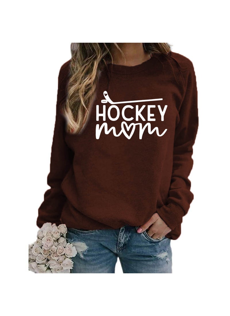 Generic - Hockey Mom Printed Crewneck Sweatshirt Oversized Coffee (white font) - Image 1
