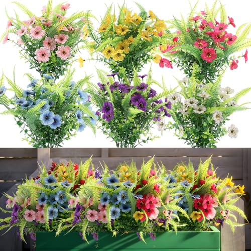 ZEOSTARO Artificial Outdoor Plants 12 Bundles Fake Boston Fern with Eucalyptus Flowers Faux UV Resistant Greenery Garden Window Box Porch Farmhouse Hanging DecorMix FlowersFern - Image 1
