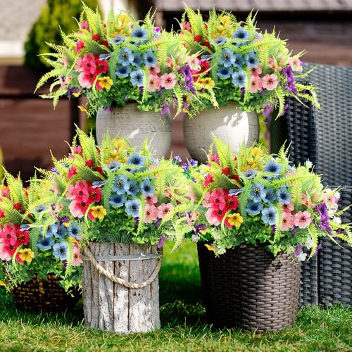ZEOSTARO Artificial Outdoor Plants 12 Bundles Fake Boston Fern with Eucalyptus Flowers Faux UV Resistant Greenery Garden Window Box Porch Farmhouse Hanging DecorMix FlowersFern - Image 3