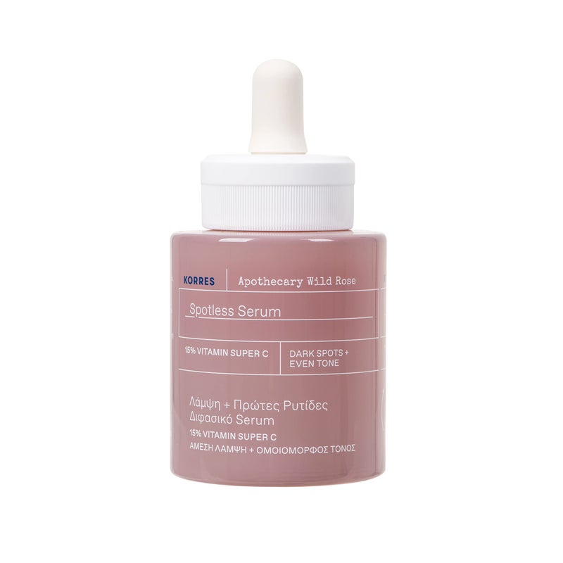 KORRES Korres Apothecary Wild Rose Spotless Serum 15 Vitamin C with Wild Rose Oil and Antioxidants Vitamin C Serum for Radiance  Skin Tone Daily Skin Care for Women  Men 101 Fl Oz