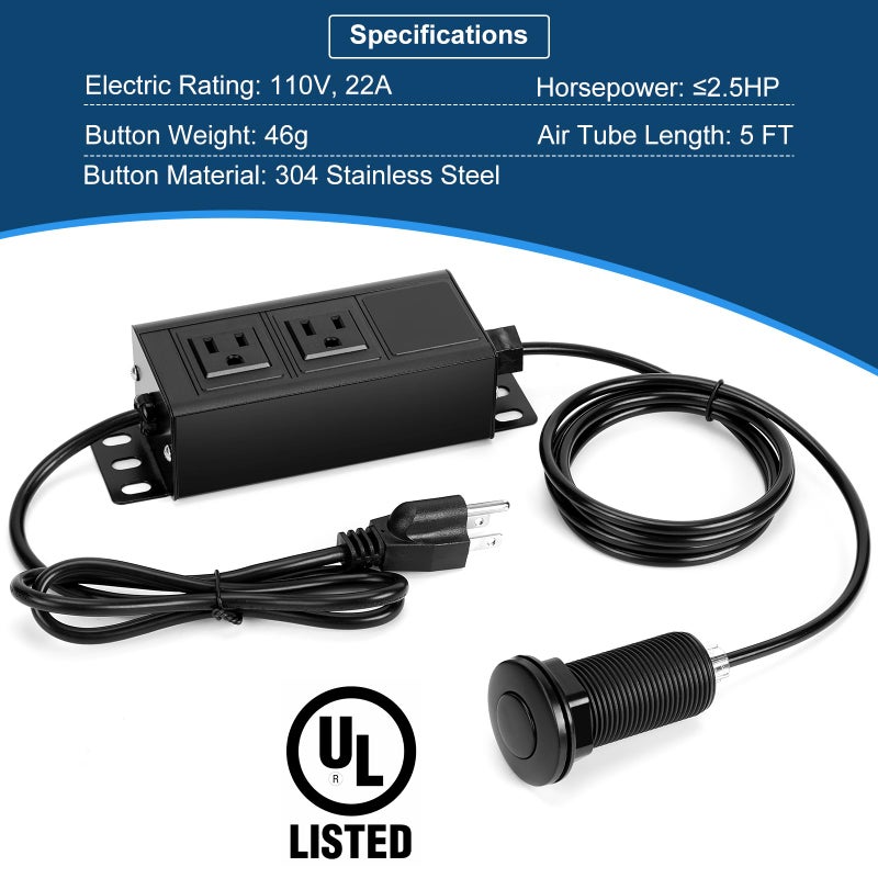 PAHTTO Dual Outlet Garbage Disposal Air Switch Kit, UL Listed Sink Top Air Switch for Food Waste Disposal, 3.58” Extra Long Air Button, Black Stainless Steel - Image 4
