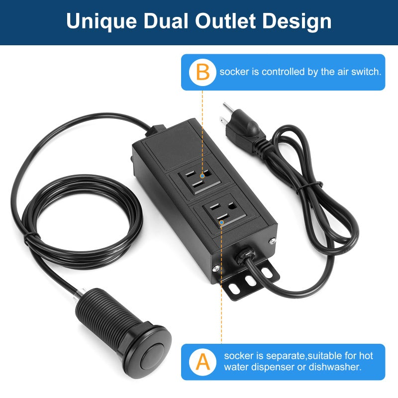 PAHTTO Dual Outlet Garbage Disposal Air Switch Kit, UL Listed Sink Top Air Switch for Food Waste Disposal, 3.58” Extra Long Air Button, Black Stainless Steel - Image 2