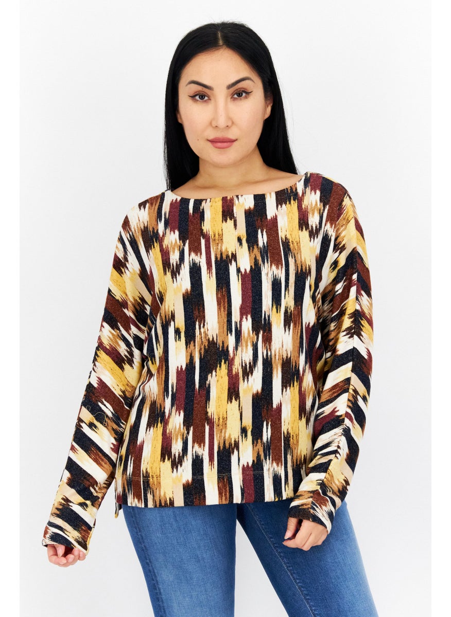 s.Oliver Women Boat Neck Long Sleeve Geometric Pattern Blouse, Yellow Combo  - Image 1
