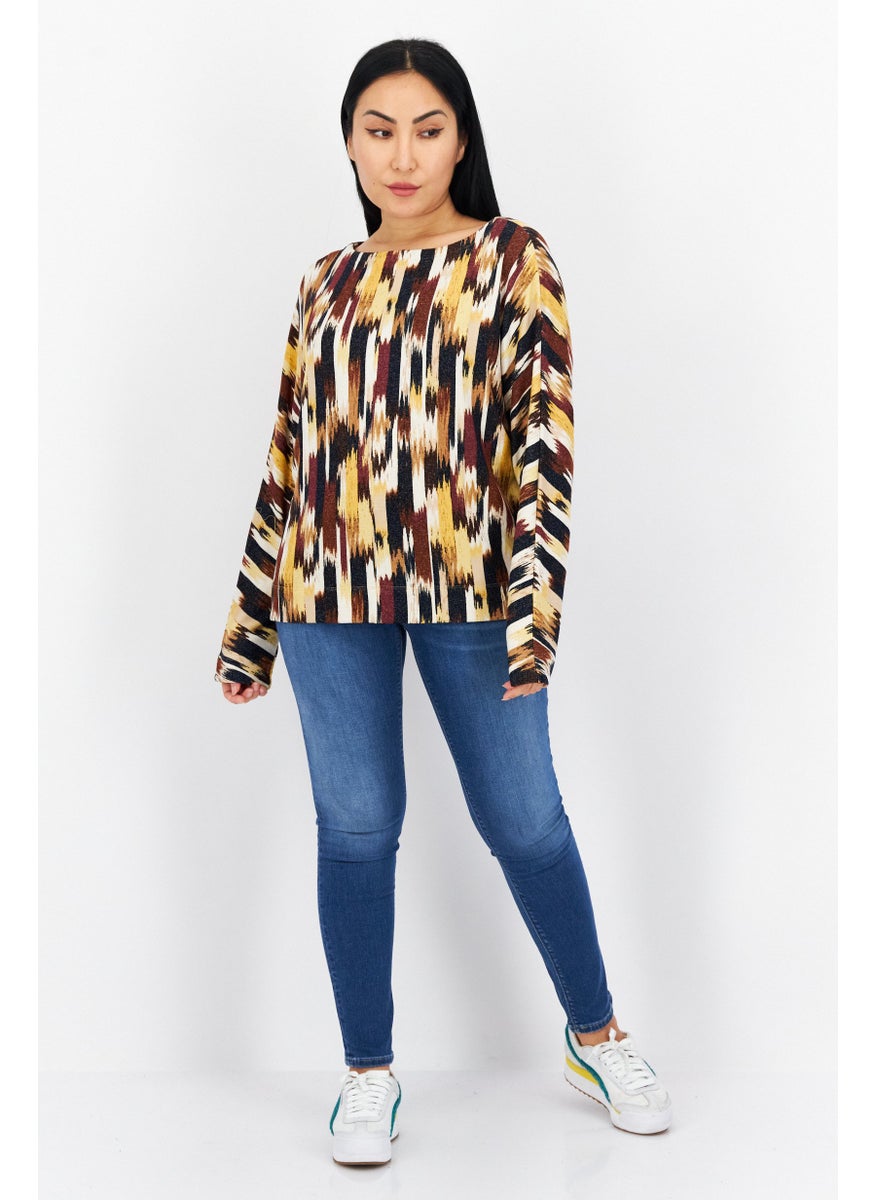 s.Oliver Women Boat Neck Long Sleeve Geometric Pattern Blouse, Yellow Combo  - Image 2