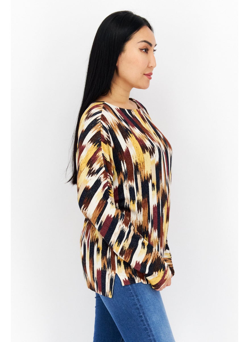 s.Oliver Women Boat Neck Long Sleeve Geometric Pattern Blouse, Yellow Combo  - Image 3