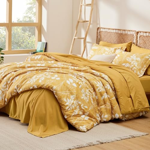 Bedsure Queen Comforter Set - 7 Pieces Floral Yellow Soft Bedding Sets, Queen Bed in a Bag with Botanical Flowers Comforter, Sheets, Pillowcases & Shams - Image 2