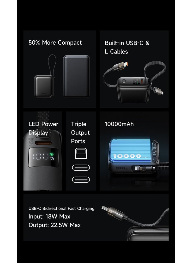 Mcdodo Mini Power Bank 10000mAh, Built-in USB-C + Lightning Cable, 22.5W PD Fast Charging, 50% More Compact, 3 Ports, iPhone + Android, FreeKit, Black, MC-2550 - Image 2