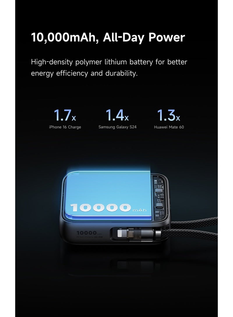 Mcdodo Mini Power Bank 10000mAh, Built-in USB-C + Lightning Cable, 22.5W PD Fast Charging, 50% More Compact, 3 Ports, iPhone + Android, FreeKit, Black, MC-2550 - Image 4
